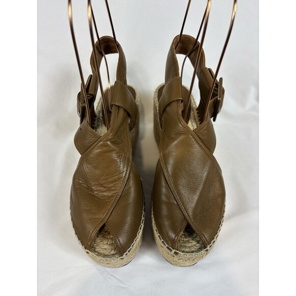 Celine Paris Espadrilles Wedges Platform Sandals Brown Leather Size 38 Buckle - Picture 2 of 16